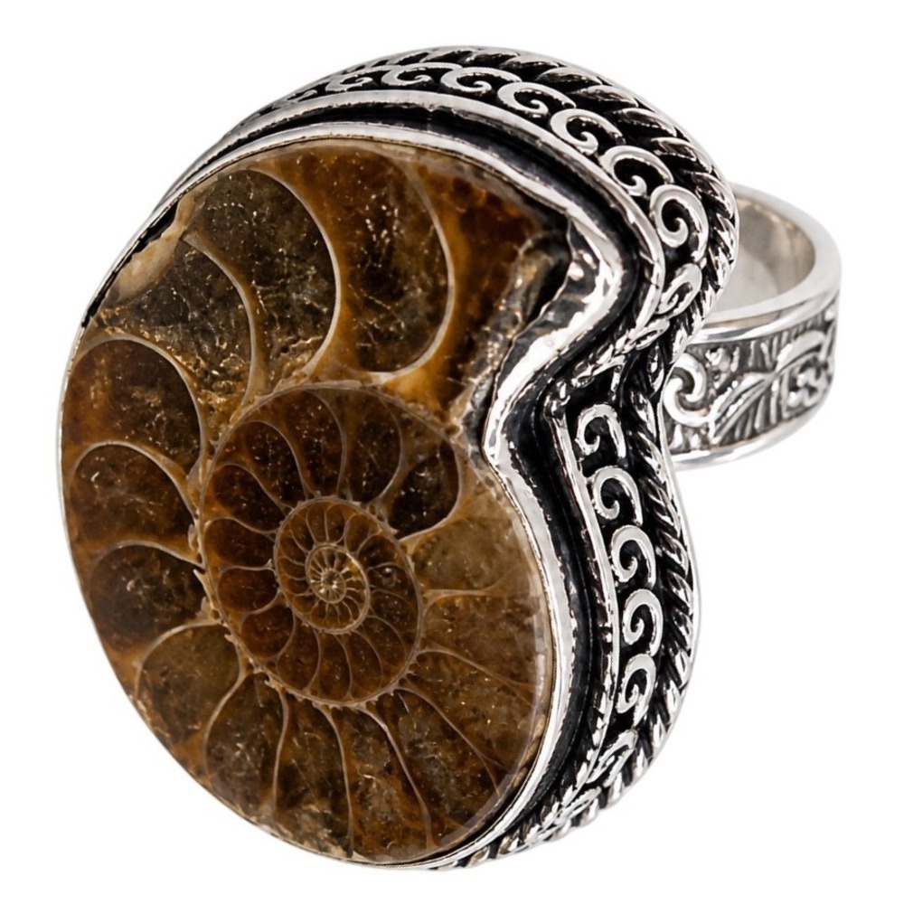 Sterling Silver 925 Hand Crafted Ammonite Fossil Ring Ornate Floral Band Sz 6